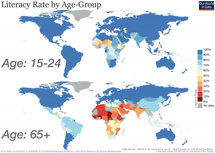 Literacy rate by generation world map
